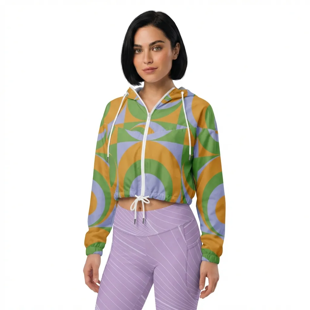 BunnyBankY AI Model wearing the Florence Windbreaker in signature geometric print in green, lilac, and orange and the Roma Sculpt Leggings