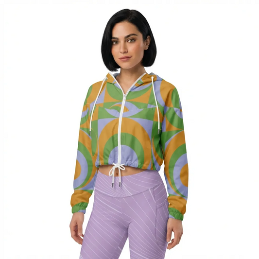 BunnyBankY AI Model wearing the Florence Windbreaker in signature geometric print in green, lilac, and orange and the Roma Sculpt Leggings