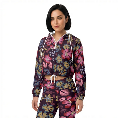 BunnyBankY AI Model wearing the Green Park Windbreaker in a vintage floral print win deep purple, pink, dusty yellow and light blue hues with matching Green Park Sculpt Leggings