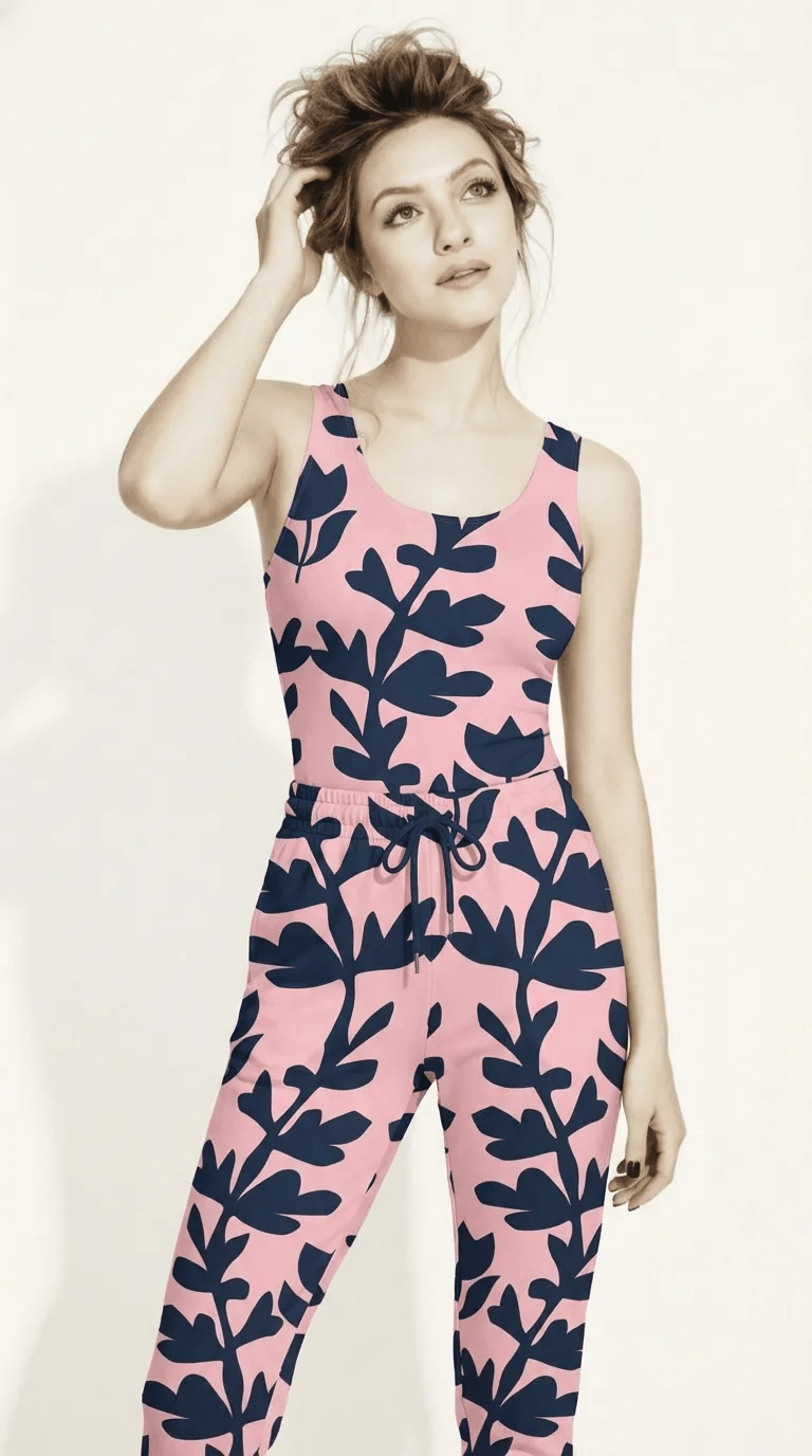 BunnyBanky AI Model wearing the Kensington Performance Tank featuring navy blue floral pattern on soft pink fabric, and the matching Kensington Glide Slim Fit Joggers.