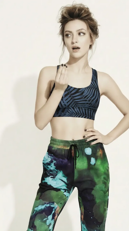 BunnyBankY AI proprietary model wearing the abstract flow wide leg joggers and the toulouse performance longline bra