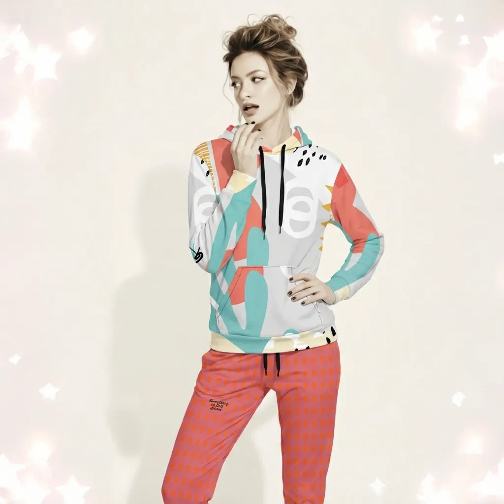 A BunnyBankY AI proprietary model wearing the Terra Resort Hoodie, showcasing the organic slate and terracotta "mineral splash" print. The shot highlights the premium texture and the vibrant red London branding on the chest.