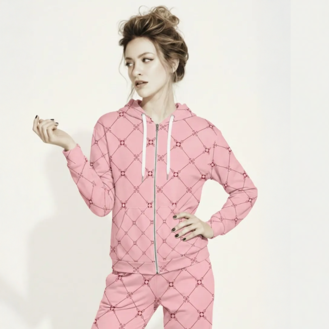 AI Proprietary Model wearing the full Mayfair  Set, showing the burgundy and pink geometric monogram print on both the zip hoodie and the slim fit joggers, emphasizing the cohesive, tailored look of the recycled polyester set.