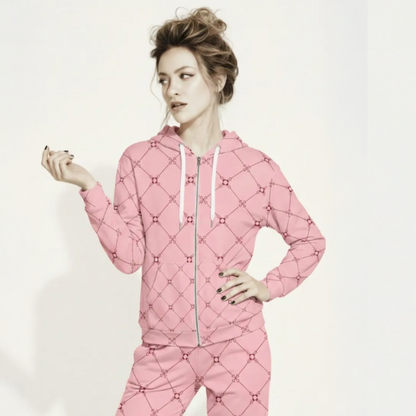 AI Proprietary Model wearing the full Mayfair  Set, showing the burgundy and pink geometric monogram print on both the zip hoodie and the slim fit joggers, emphasizing the cohesive, tailored look of the recycled polyester set.