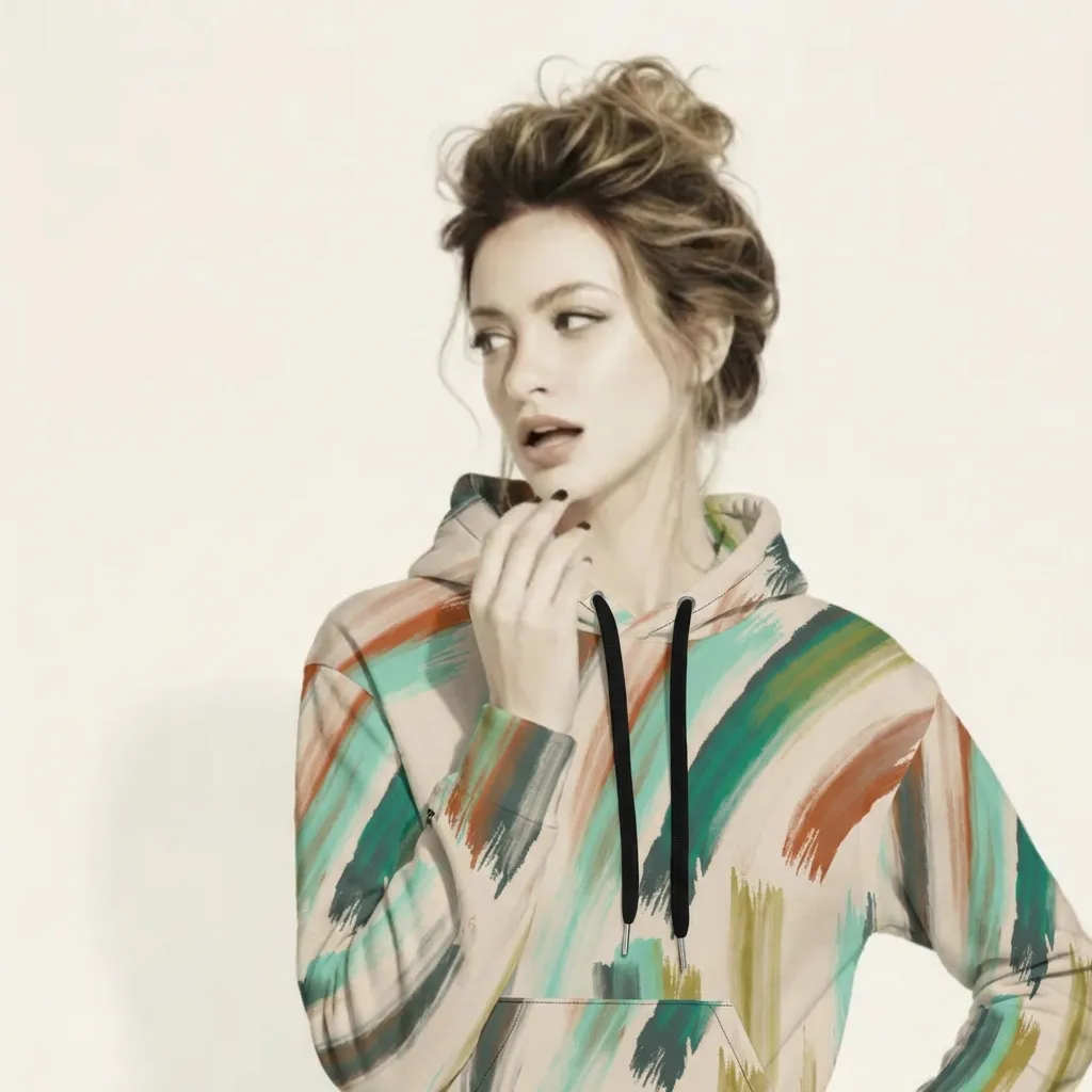 A BunnyBanky AI proprietary model wearing The Artful Aura Hoodie, showing the relaxed, oversized fit and the soft pastel green brushstroke print on a beige background.