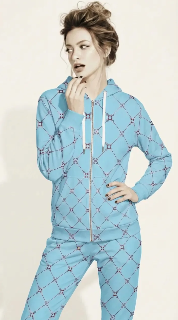 AI Proprietary Model wearing the full  Belgravia Set, showing the burgundy and light blue geometric monogram print on both the zip hoodie and the slim fit joggers, emphasizing the cohesive, tailored look of the recycled polyester set.