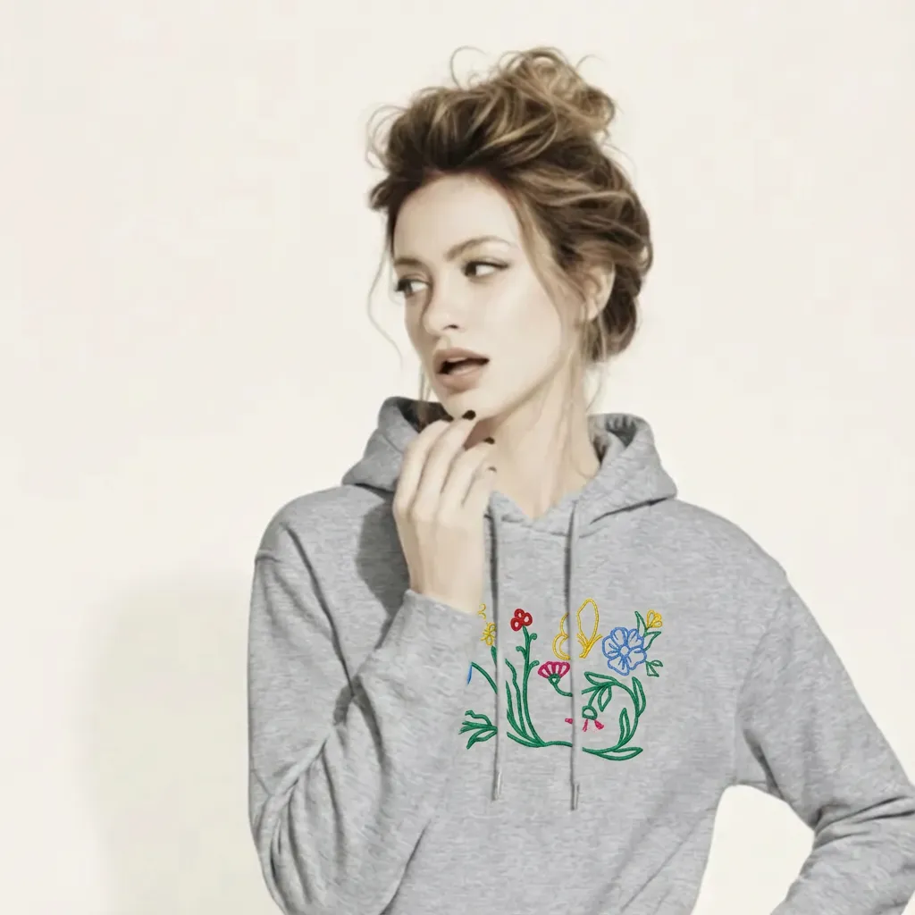 A BunnyBankY AI proprietary model wearing The Chelsea Garden Hoodie's front, highlighting the detailed, colorful floral embroidery and the soft brushed-fleece fabric.