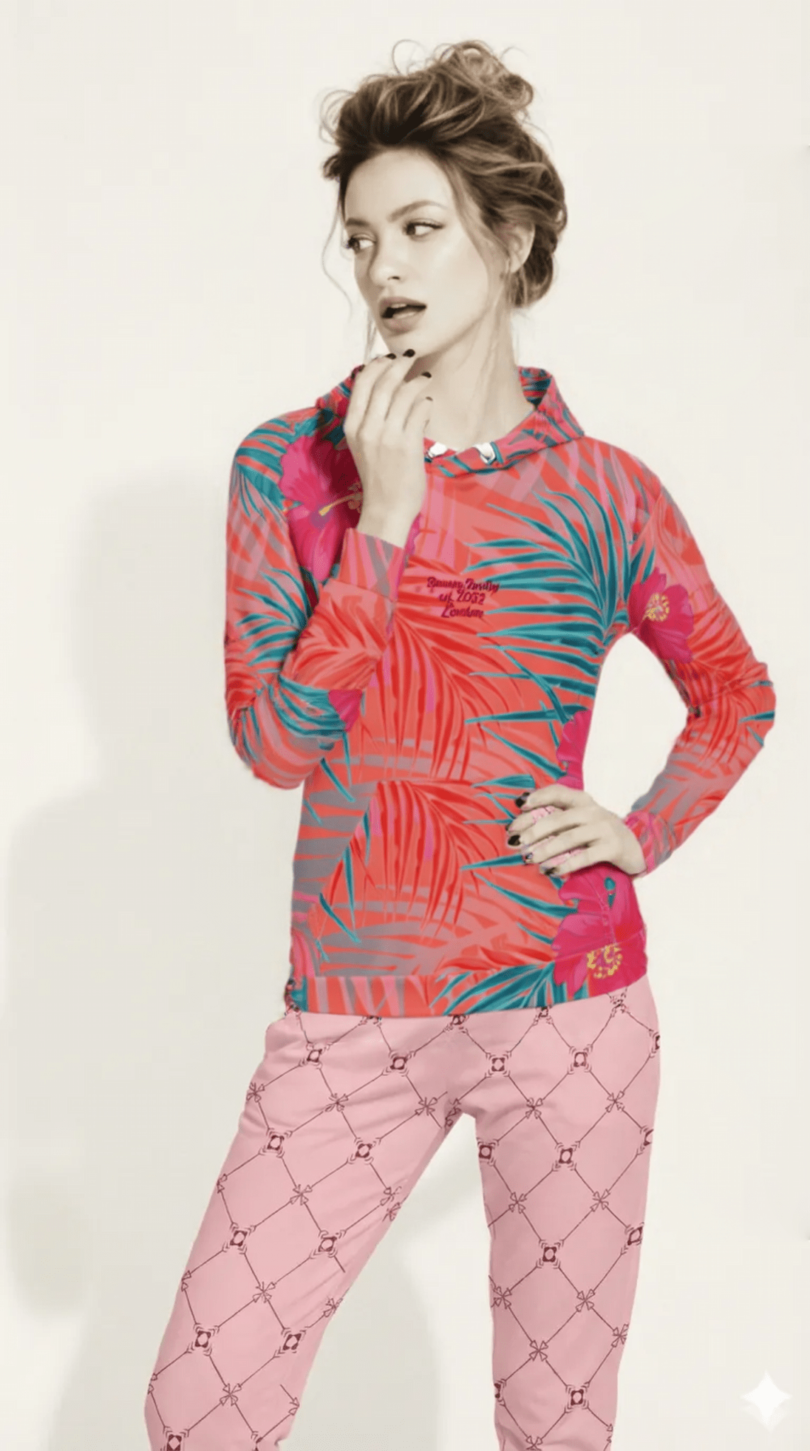 BunnyBankY AI Model wearing the BunnyBankY District hoodie highlighting the vibrant pink , orange, and blue colours in a tropical floral print