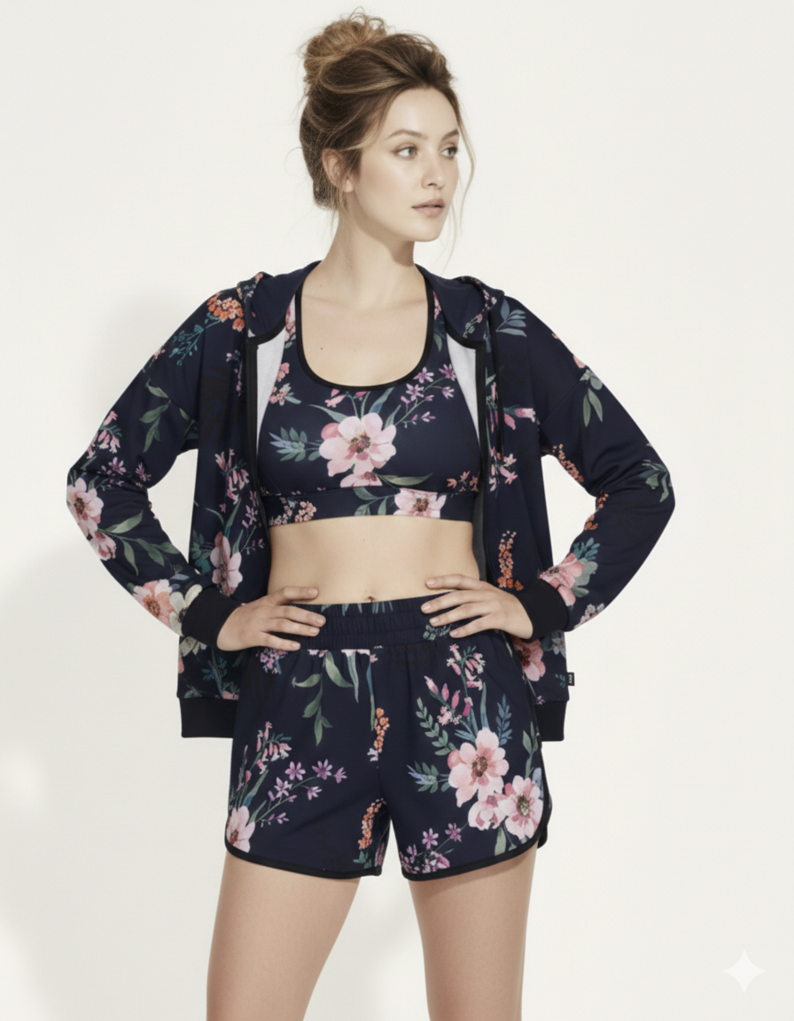 BunnyBanky Kew Botanicals performance bra featuring a vibrant floral print. Sustainable boutique activewear engineered for elite support and artistic style, designed in our digital atelier for the modern woman.