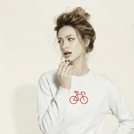 A BunnyBankY AI proprietary model wearing The Holborn Organic Sweatshirt, showing the regular fit and the embroidered red bicycle detail on the chest.