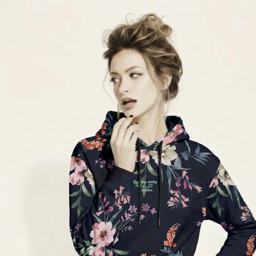 A BunnyBankY AI proprietary model wearing the Kew Botanical Hoodie, highlighting the vibrant pink and violet floral details and the soft, premium drape of the recycled fabric.