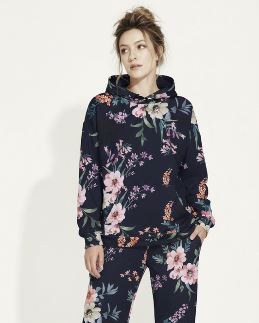 A BunnyBankY AI proprietary model wearing the matching Kew Botanical Set. The image highlights the cohesive floral print across the hoodie and joggers, emphasizing the premium drape of the wide-leg cut.