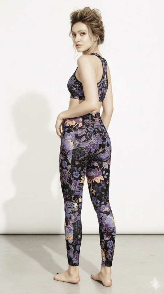 BunnyBankY AI proprietary Model wearing the Milano performance bra and matching Milano sculpt leggings in purple and beige floral pattern on a black fabric.
