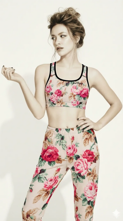 BunnyBanky model Maya in the Monaco performance bra and slim-fit joggers with a signature floral vintage print. Luxury sustainable activewear from our digital atelier, designed for elite support and boutique style.