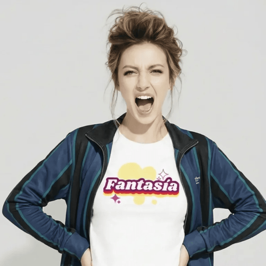 BunnyBankY AI proprietary model wearing the Fantasia t-shirt and the Regent Track Jacket