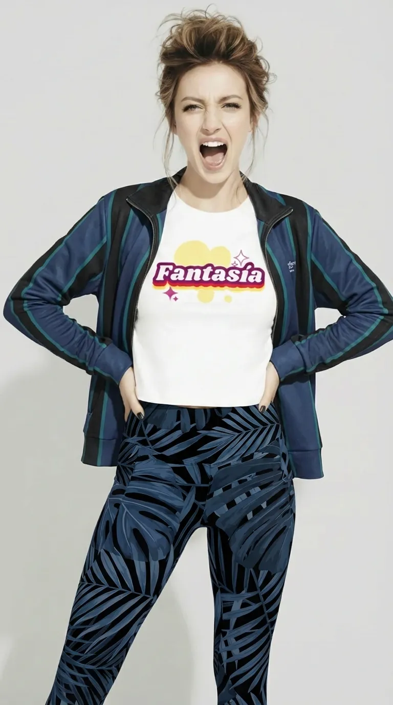 A BunnyBankY AI model wearing The Regent Track Jacket, showing the premium slim fit, full-zip closure, and the vertical green and blue stripe print on the navy background.. and the Amazonia Sculpt Leggings.