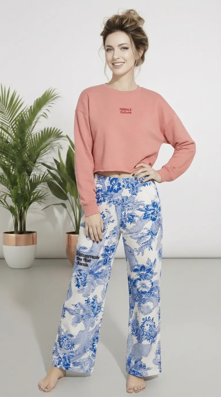 BunnyBanky model Maya in the Sisterhood Crop Sweatshirt with "Female Culture" embroidery and Saint-Germain wide-leg joggers. A luxury boutique loungewear set from our digital atelier for sustainable comfort and style.