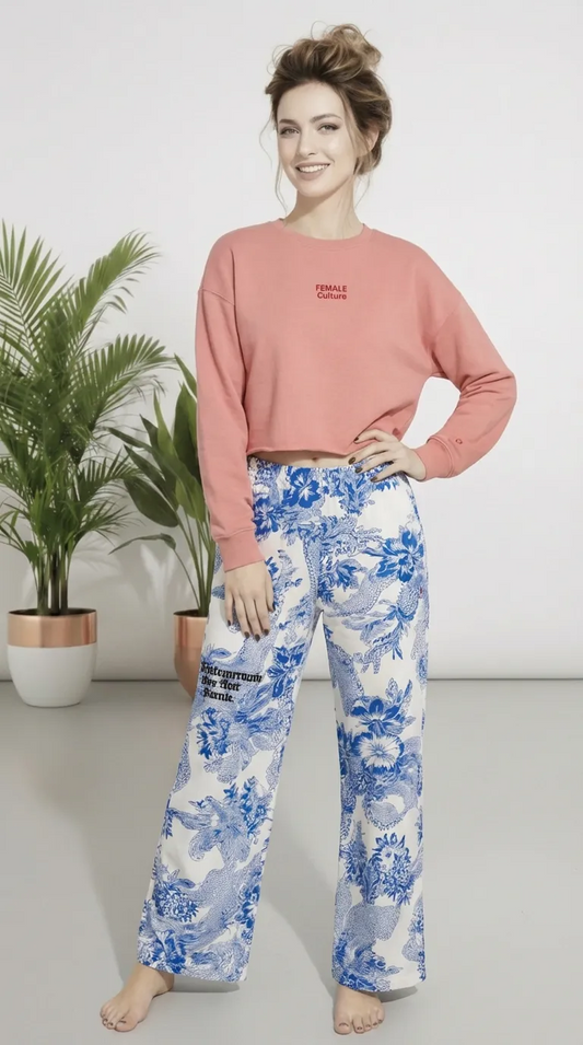 BunnyBanky model Maya in the Sisterhood Crop Sweatshirt with "Female Culture" embroidery and Saint-Germain wide-leg joggers. A luxury boutique loungewear set from our digital atelier for sustainable comfort and style.