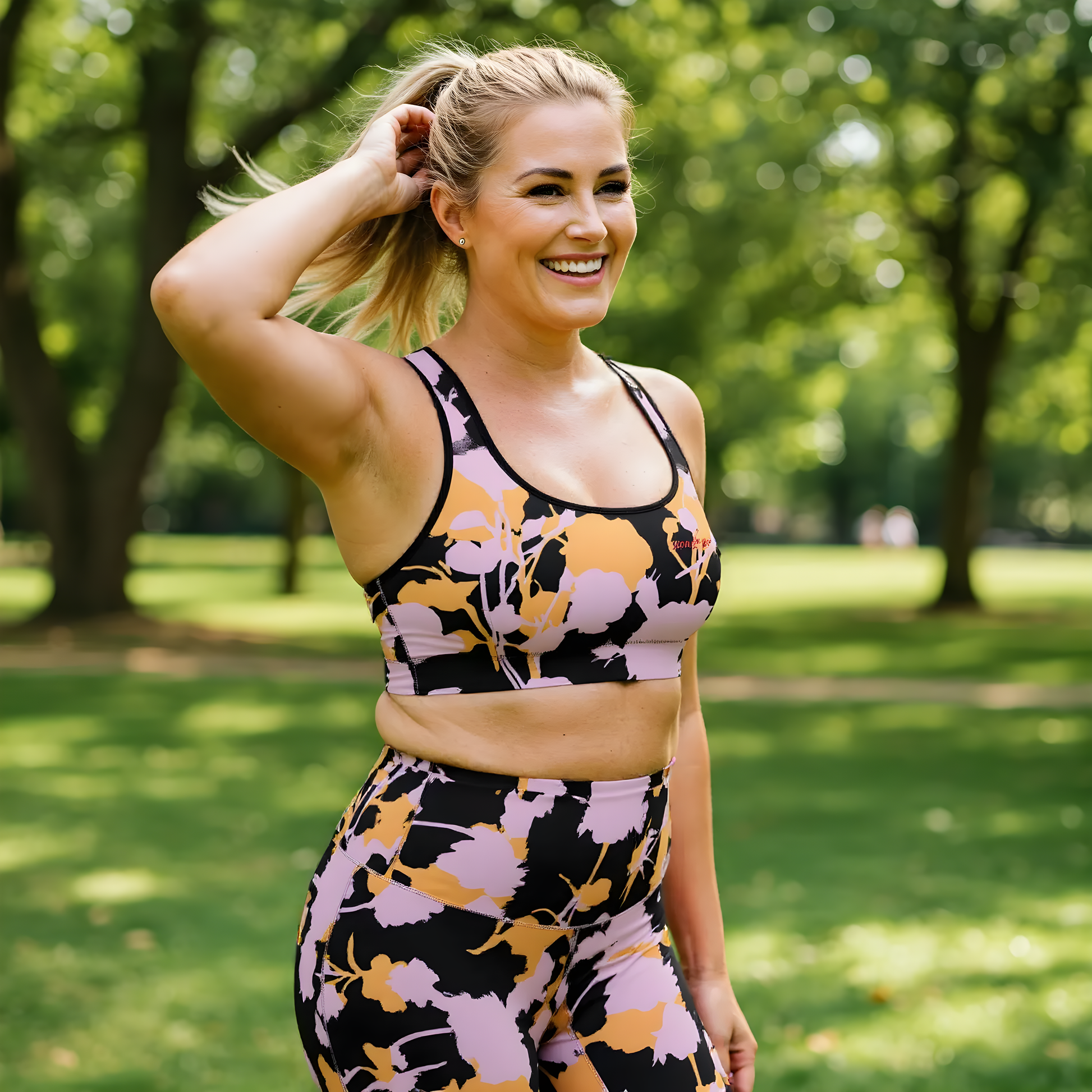 AI BunnyBankY model wearing The Miami Performance Bra, showing the supportive fit and the vibrant pink and orange splashes print.