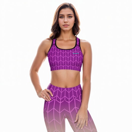 A model wearing The New York EcoGlam Set  showing the purple and pink Art Deco print. The bra features the "City Babe" text printed on the front.