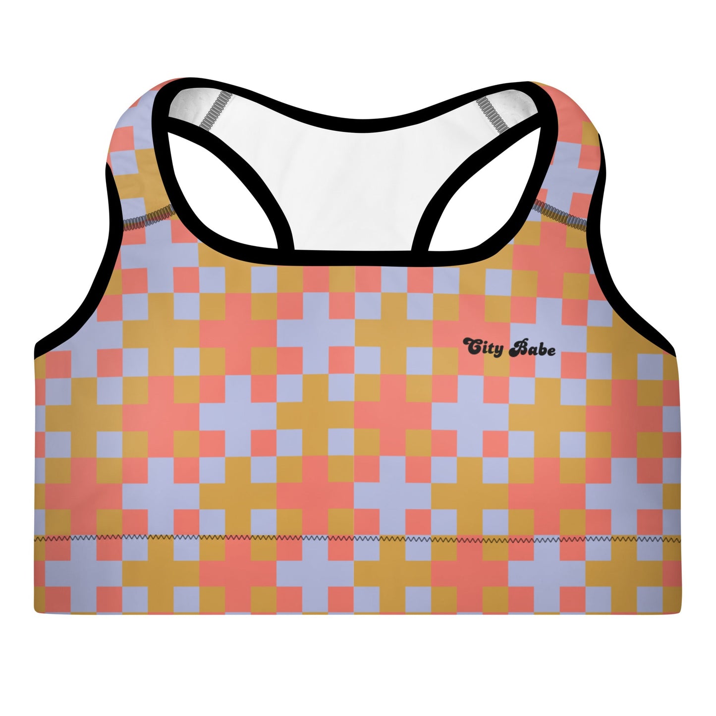 The Pixel Glam Performance Bra, highlighting the geometric scoop neckline, wide under-bust band, and vibrant terracotta, gold, and blue pixelated grid pattern.