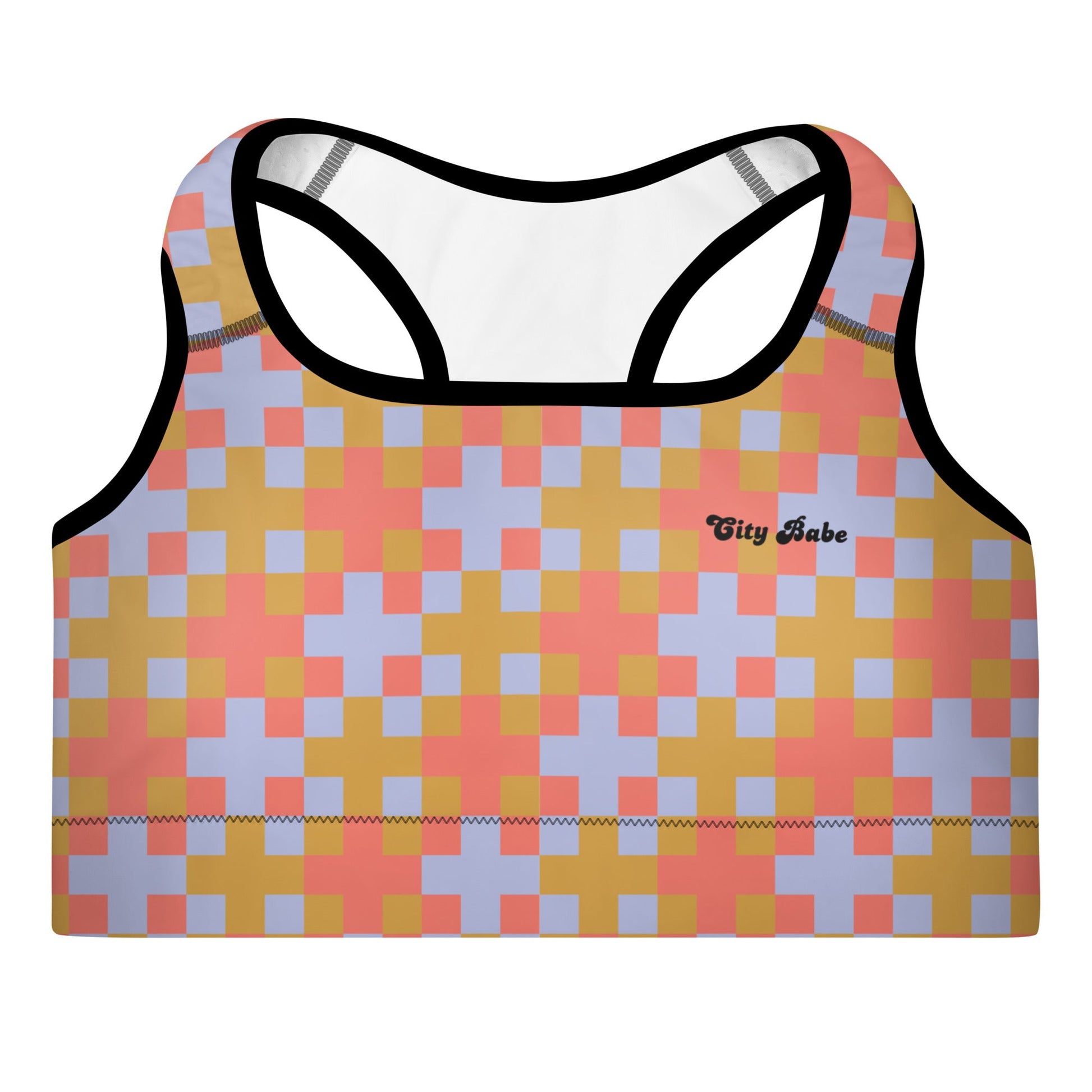 The Pixel Glam Performance Bra, highlighting the geometric scoop neckline, wide under-bust band, and vibrant terracotta, gold, and blue pixelated grid pattern.