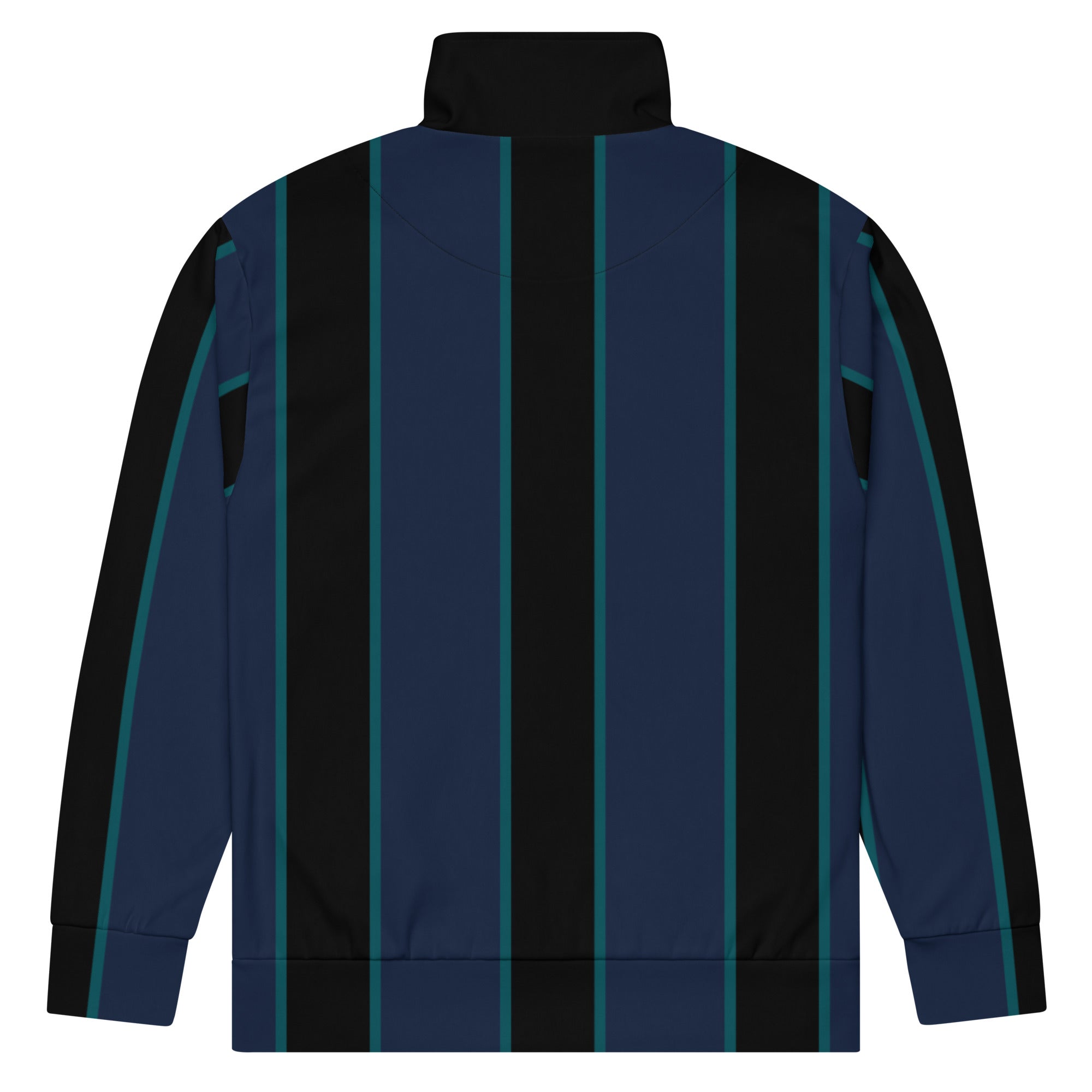 A close-up of the recycled polyester fabric of The Regent Track Jacket, showing the soft, smooth exterior and the striking vertical stripe pattern.