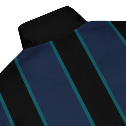 A close-up of the recycled polyester fabric of The Regent Track Jacket, showing the soft, smooth exterior and the striking vertical stripe pattern.