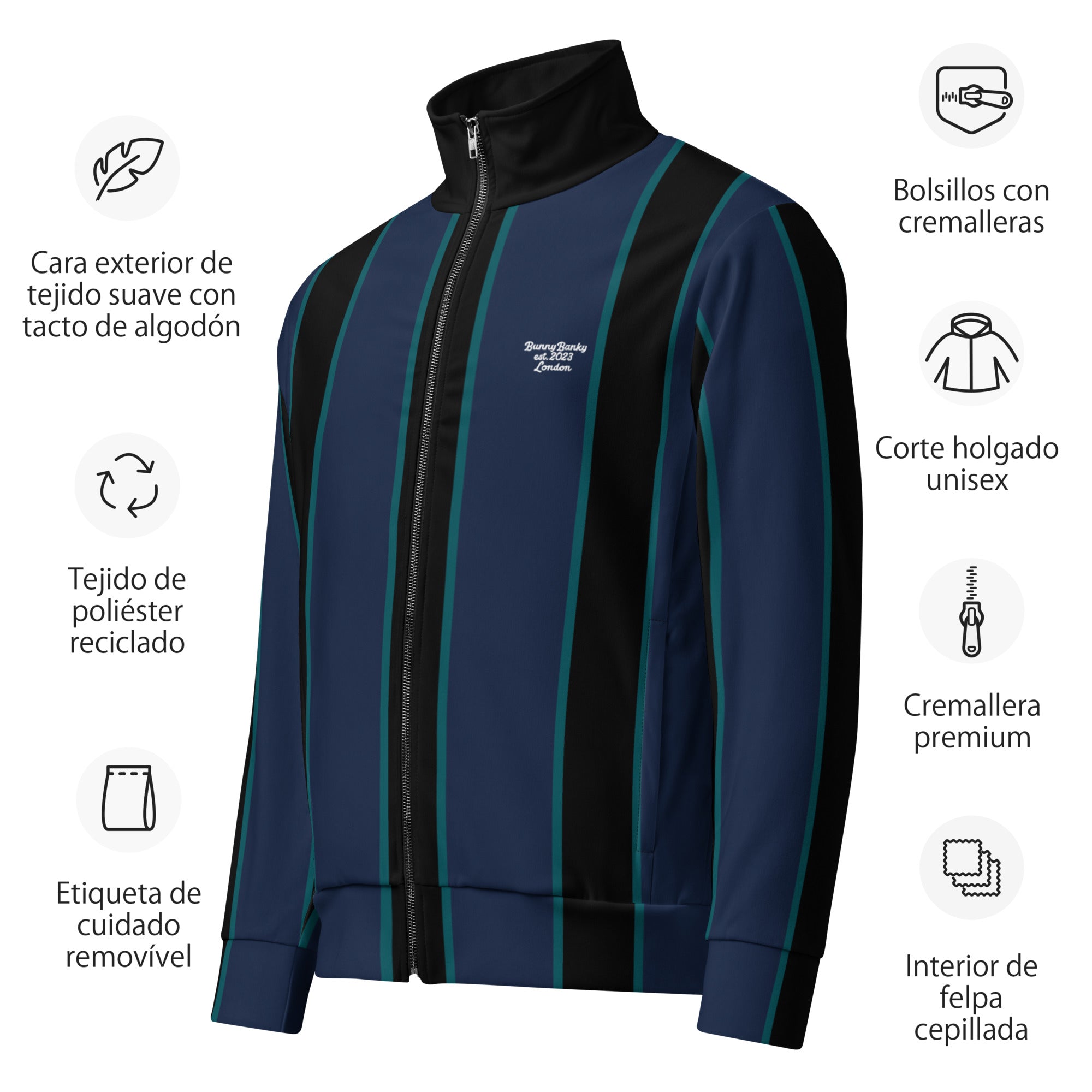 A close-up of the recycled polyester fabric of The Regent Track Jacket, showing the soft, smooth exterior and the striking vertical stripe pattern.