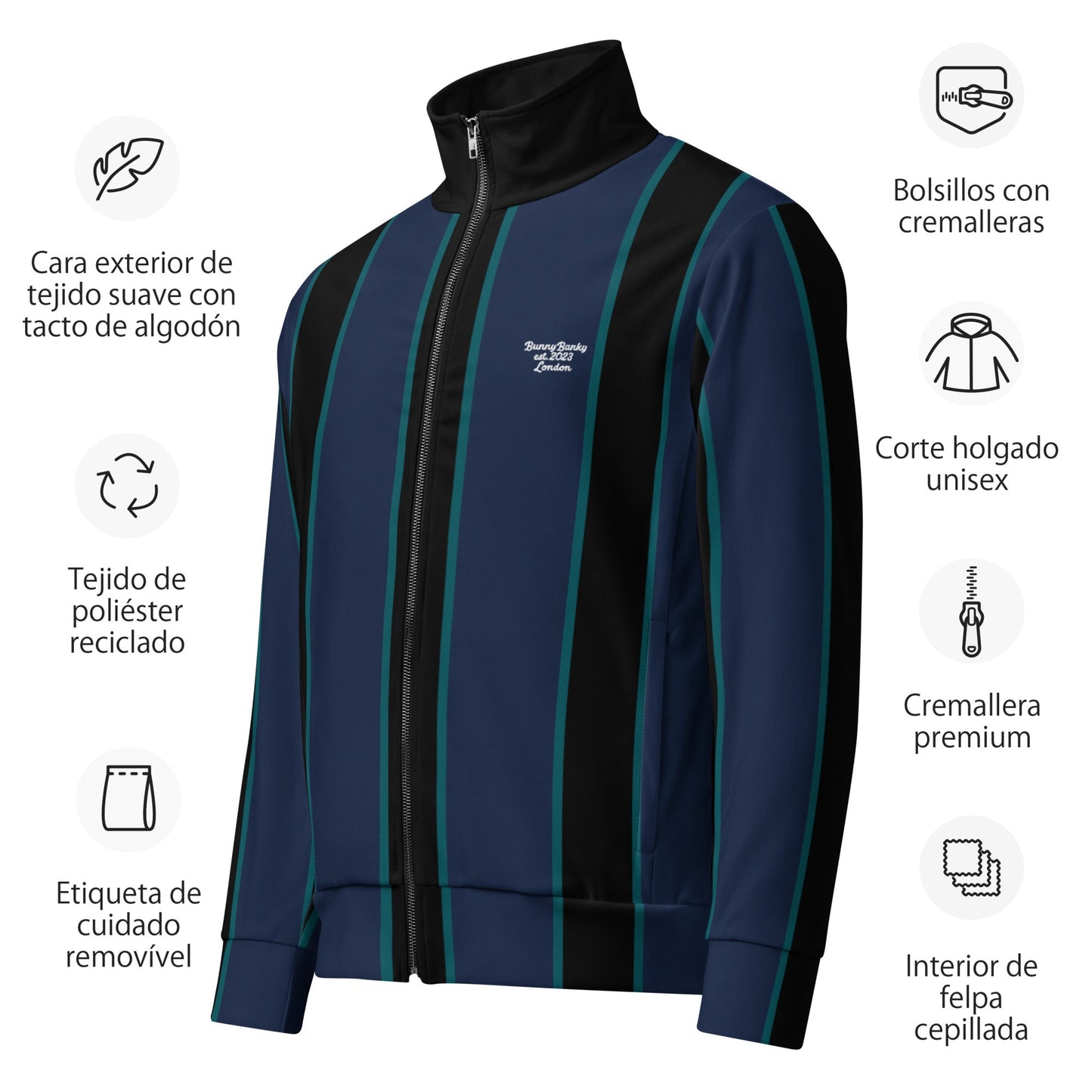 A close-up of the recycled polyester fabric of The Regent Track Jacket, showing the soft, smooth exterior and the striking vertical stripe pattern.