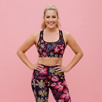 A BunnyBankY AI proprietary model wearing the Green Park Performance Bra in blue, pink, yellow floral pattern on burgundy background