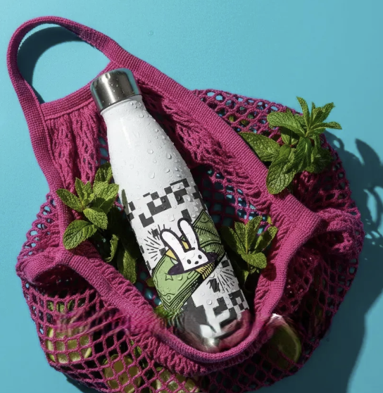 The BankY Bottle by BunnyBanky, a stainless steel water bottle with a glossy pop-art print of a bunny popping out of a stack of cartoon money.
