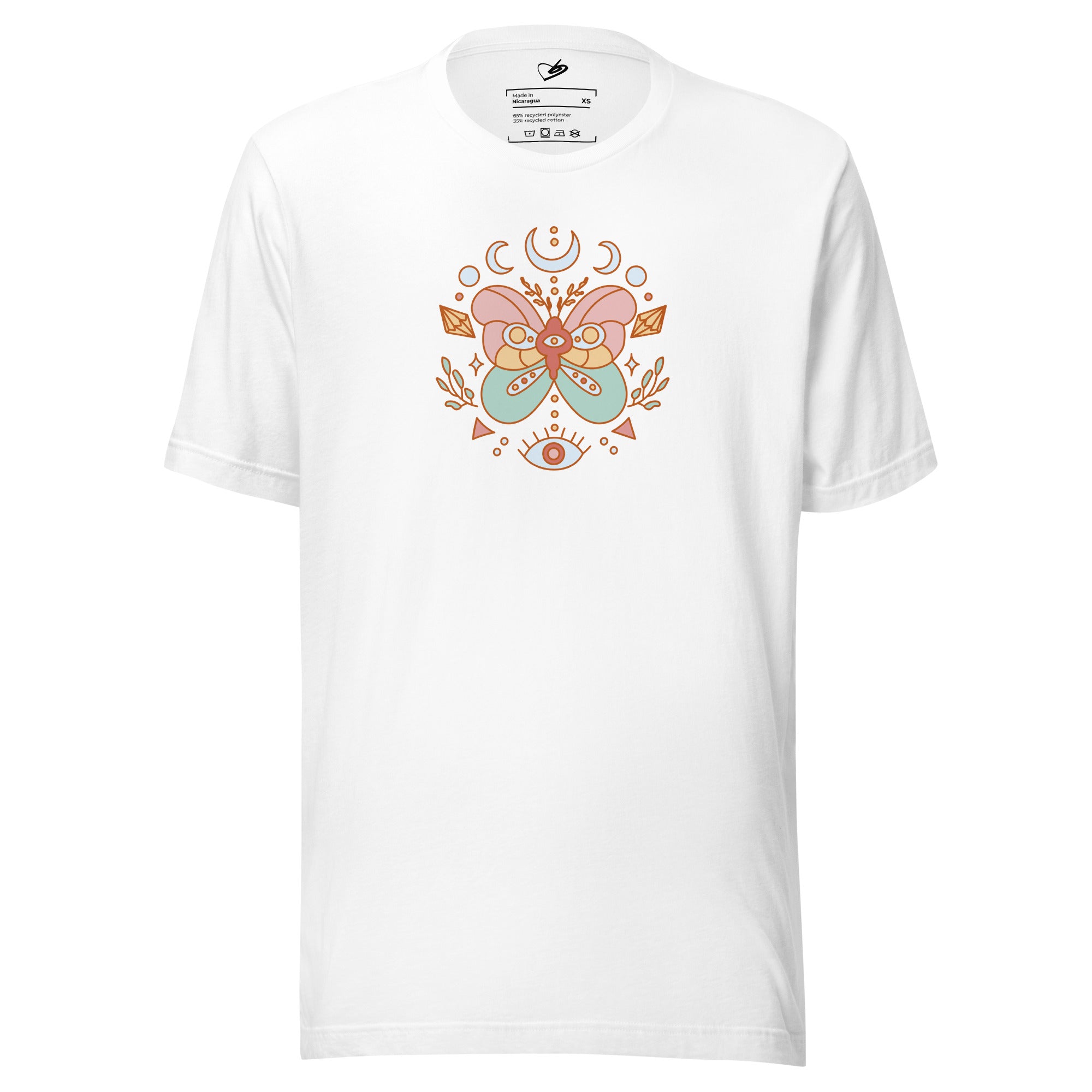 Front view of the white Revolution Tee showing the butterfly print with inner peace and healing symbols.
