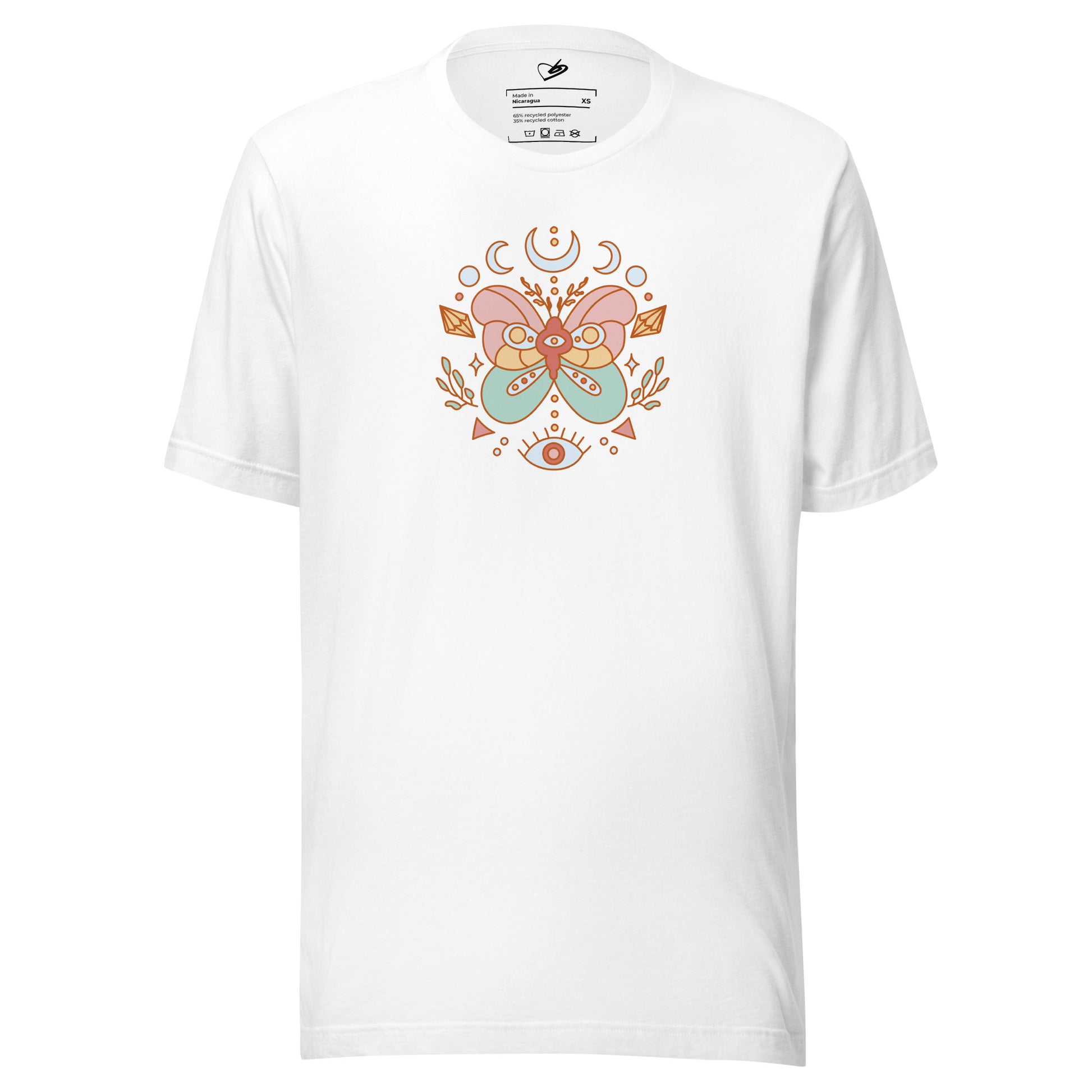 Front view of the white Revolution Tee showing the butterfly print with inner peace and healing symbols.
