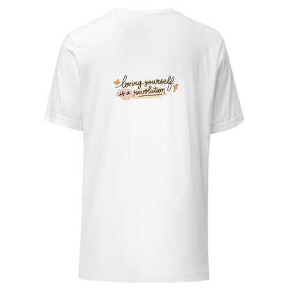 Back view of the Revolution Tee featuring the bold text "Loving yourself is a revolution" in a minimalist font.