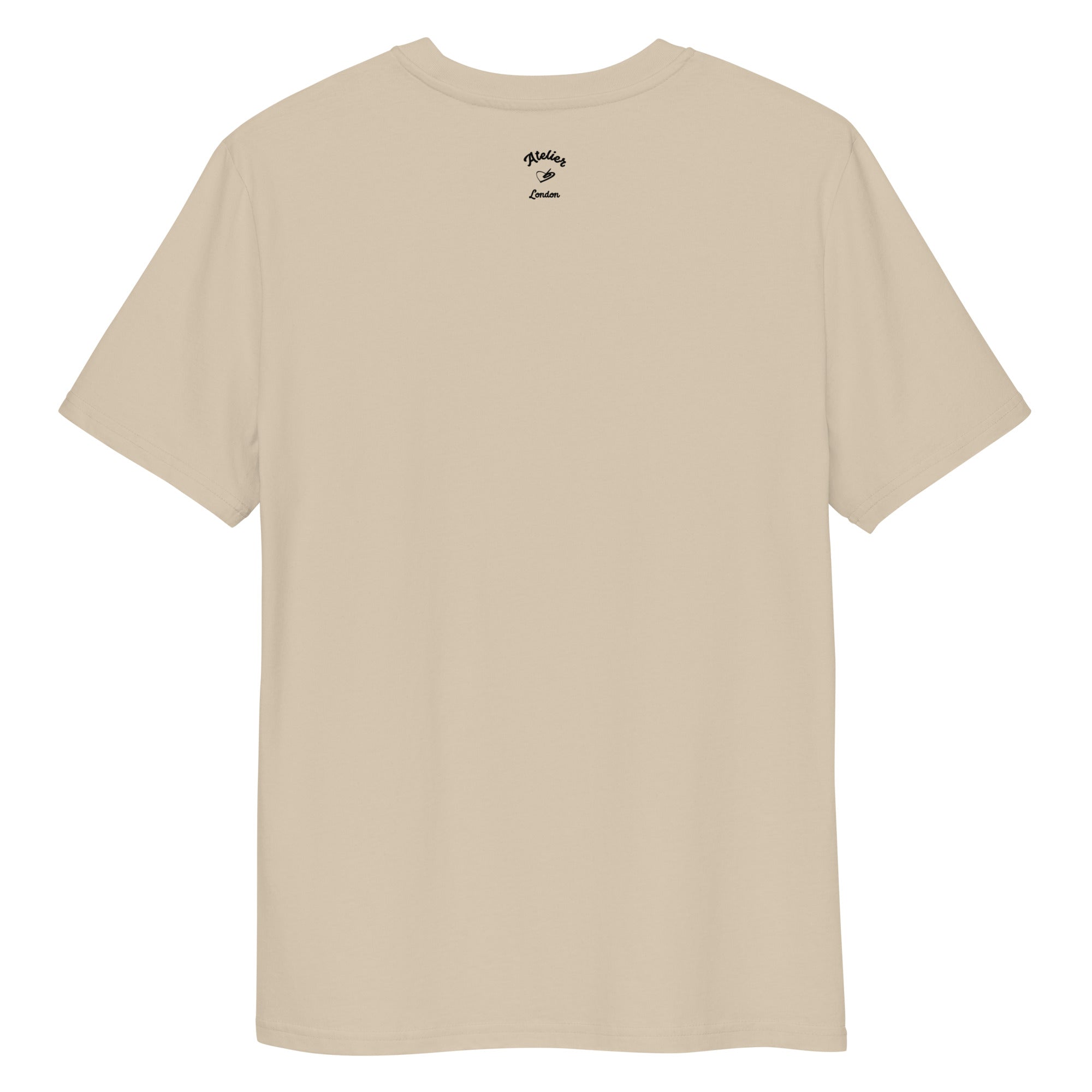 A dusty beige organic t-shirt featuring a symmetrical graphic of two colorful seahorses with bunny ears and floral details.