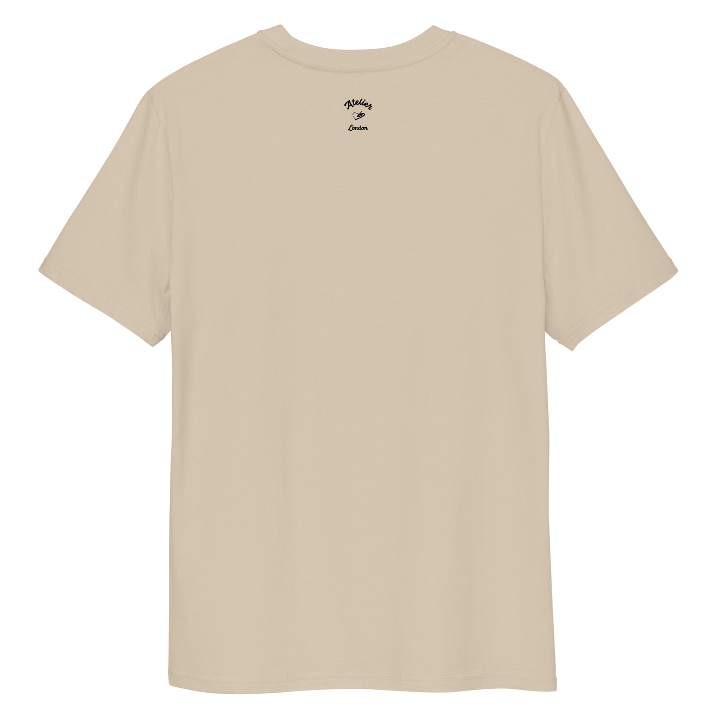 A dusty beige organic t-shirt featuring a symmetrical graphic of two colorful seahorses with bunny ears and floral details.