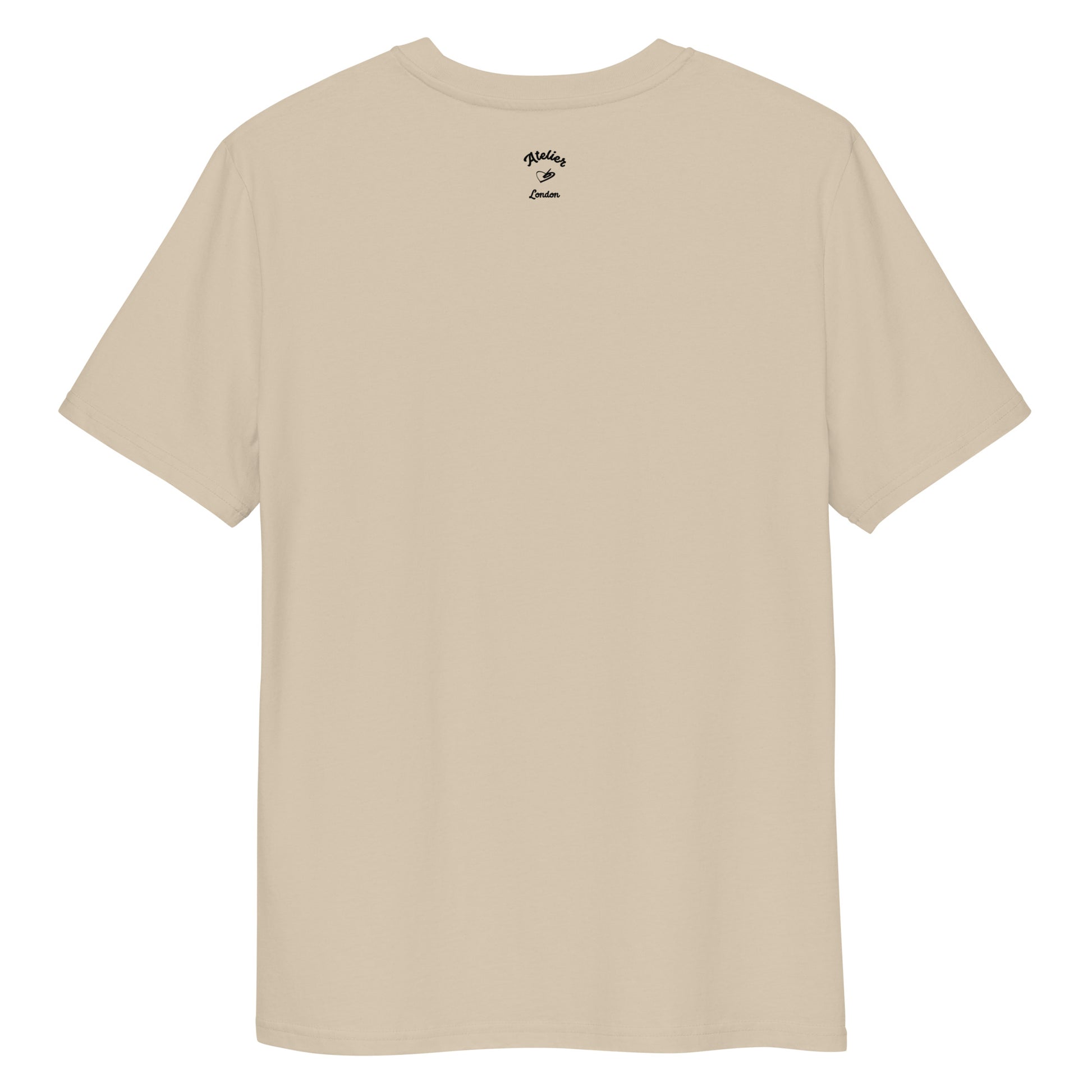 A dusty beige organic t-shirt featuring a symmetrical graphic of two colorful seahorses with bunny ears and floral details.