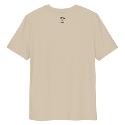 A dusty beige organic t-shirt featuring a symmetrical graphic of two colorful seahorses with bunny ears and floral details.