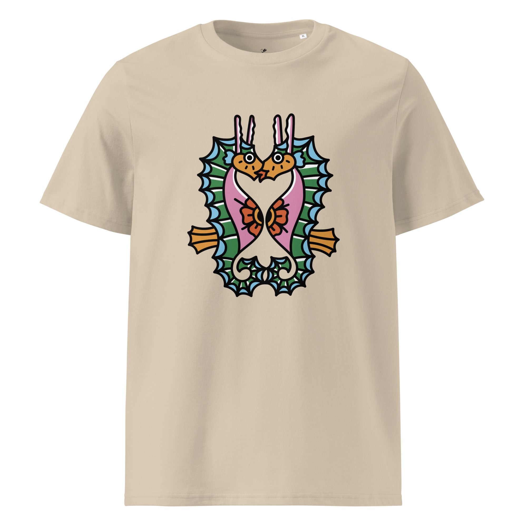 A dusty beige organic t-shirt featuring a symmetrical graphic of two colorful seahorses with bunny ears and floral details.