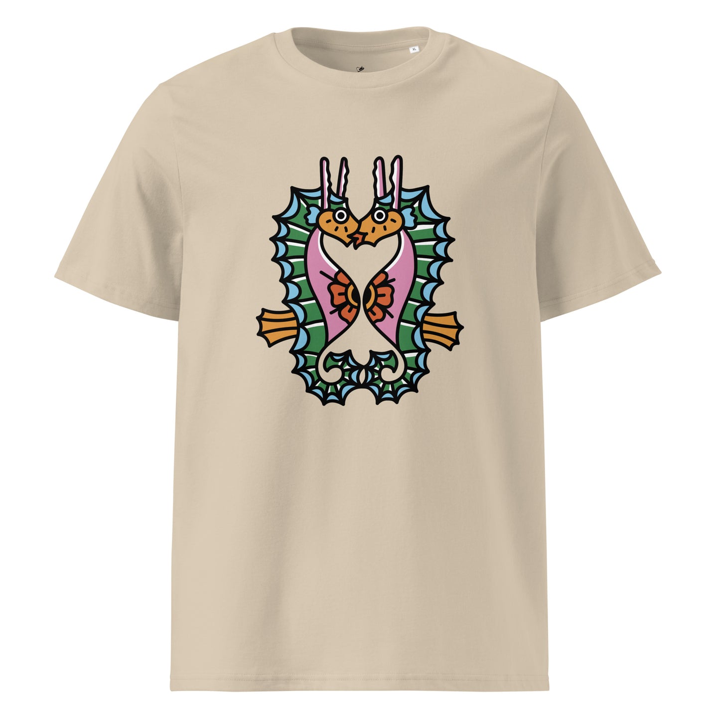 A dusty beige organic t-shirt featuring a symmetrical graphic of two colorful seahorses with bunny ears and floral details.