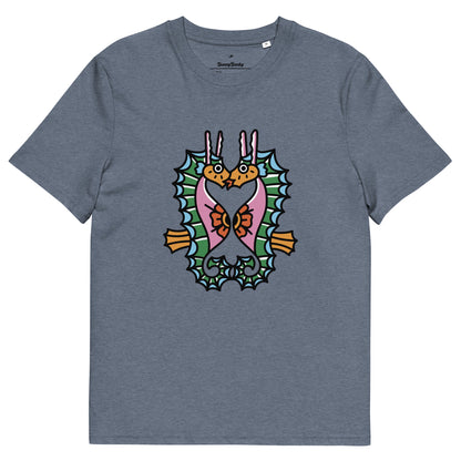 A_denim_blue_organic_t-shirt_featuring_a_symmetrical_graphic_of_two_colorful_seahorses_with_bunny_ears_and_floral_details.