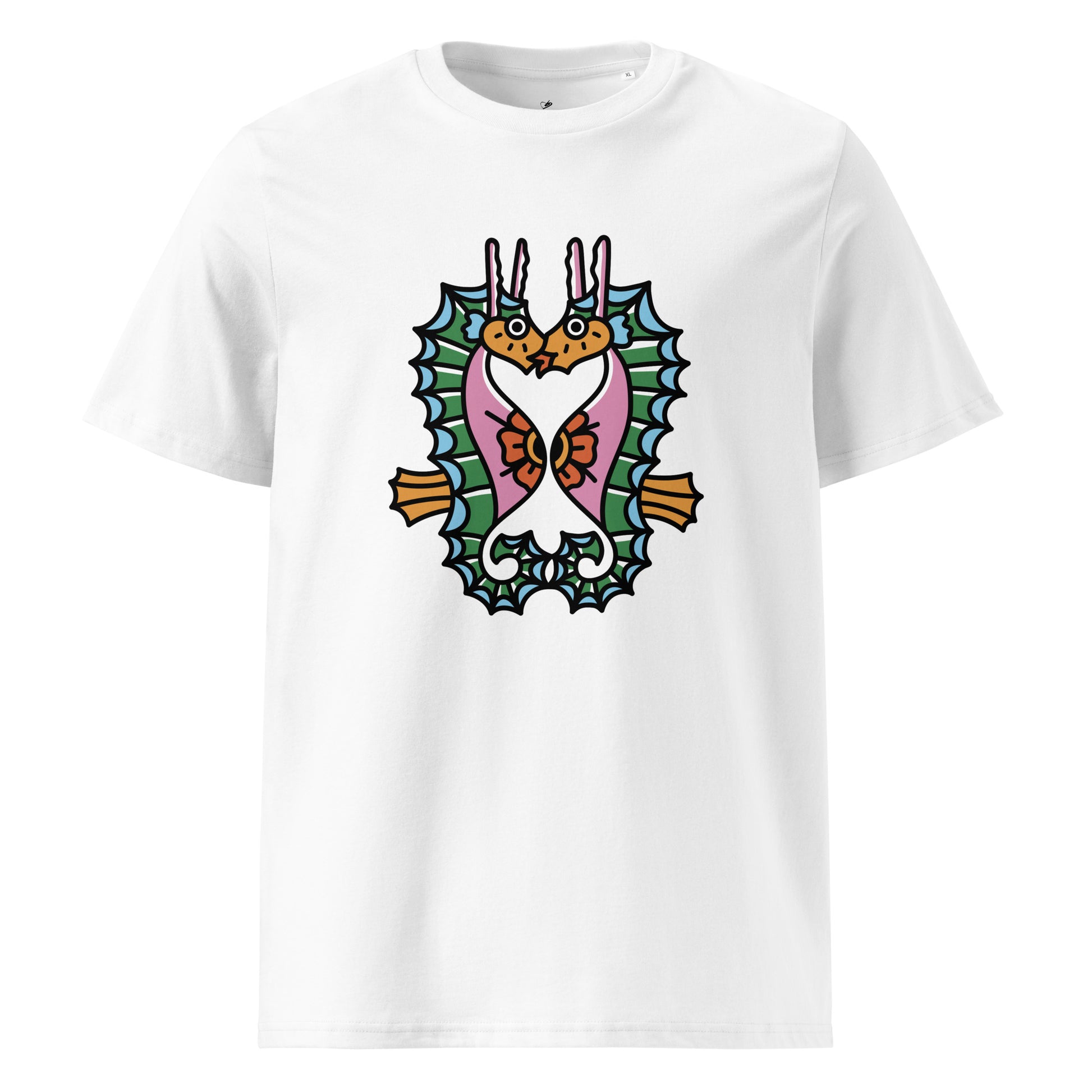 A white organic t-shirt featuring a symmetrical graphic of two colorful seahorses with bunny ears and floral details.