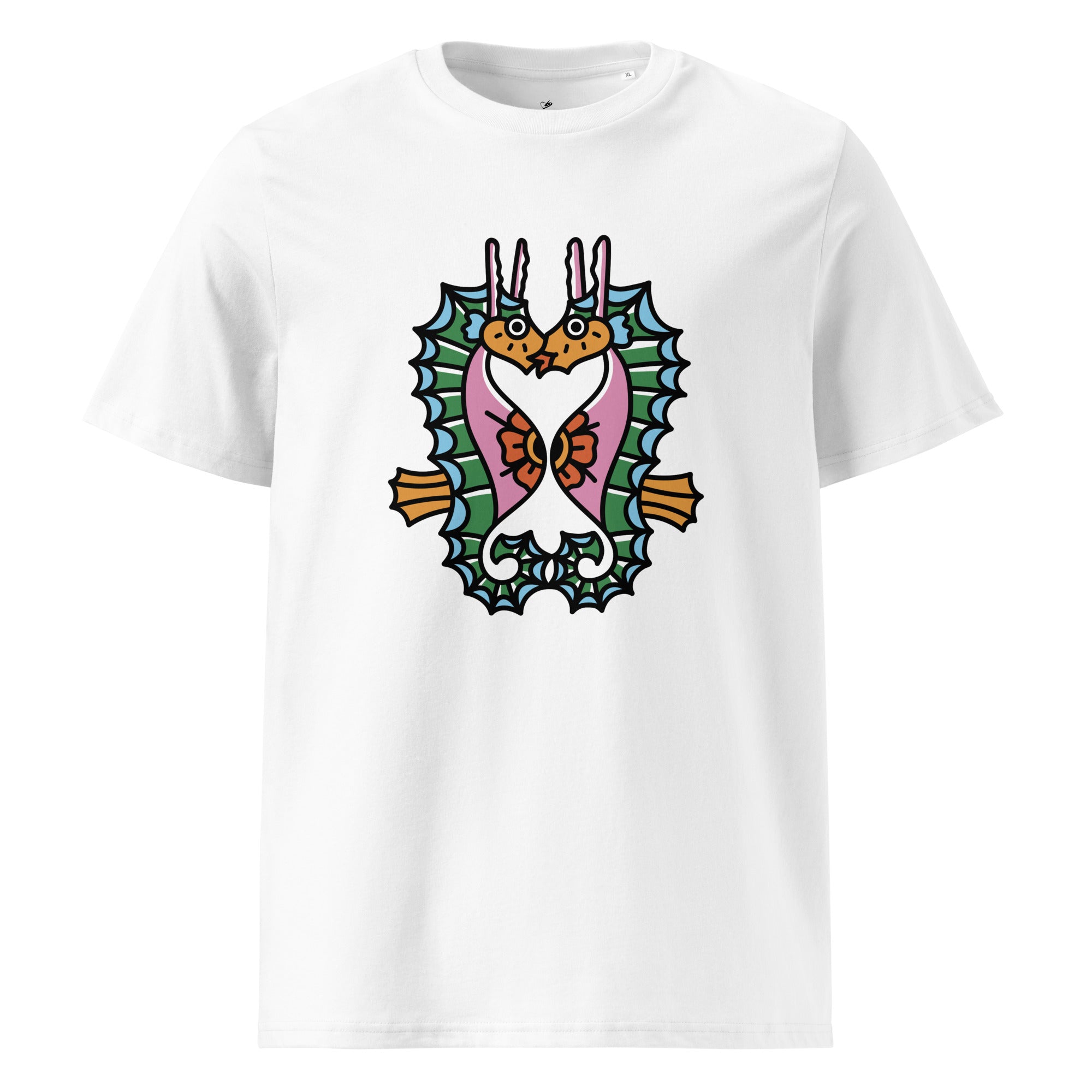 A white organic t-shirt featuring a symmetrical graphic of two colorful seahorses with bunny ears and floral details.