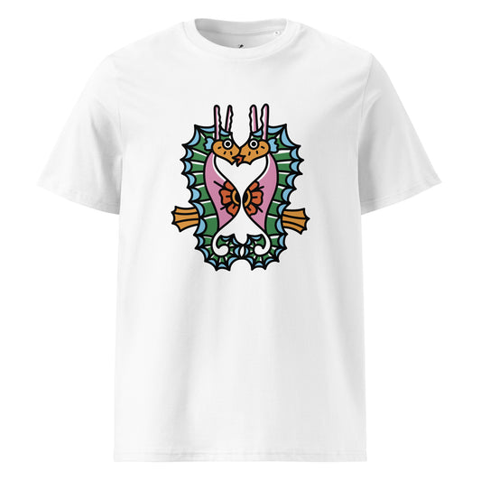 A white organic t-shirt featuring a symmetrical graphic of two colorful seahorses with bunny ears and floral details.