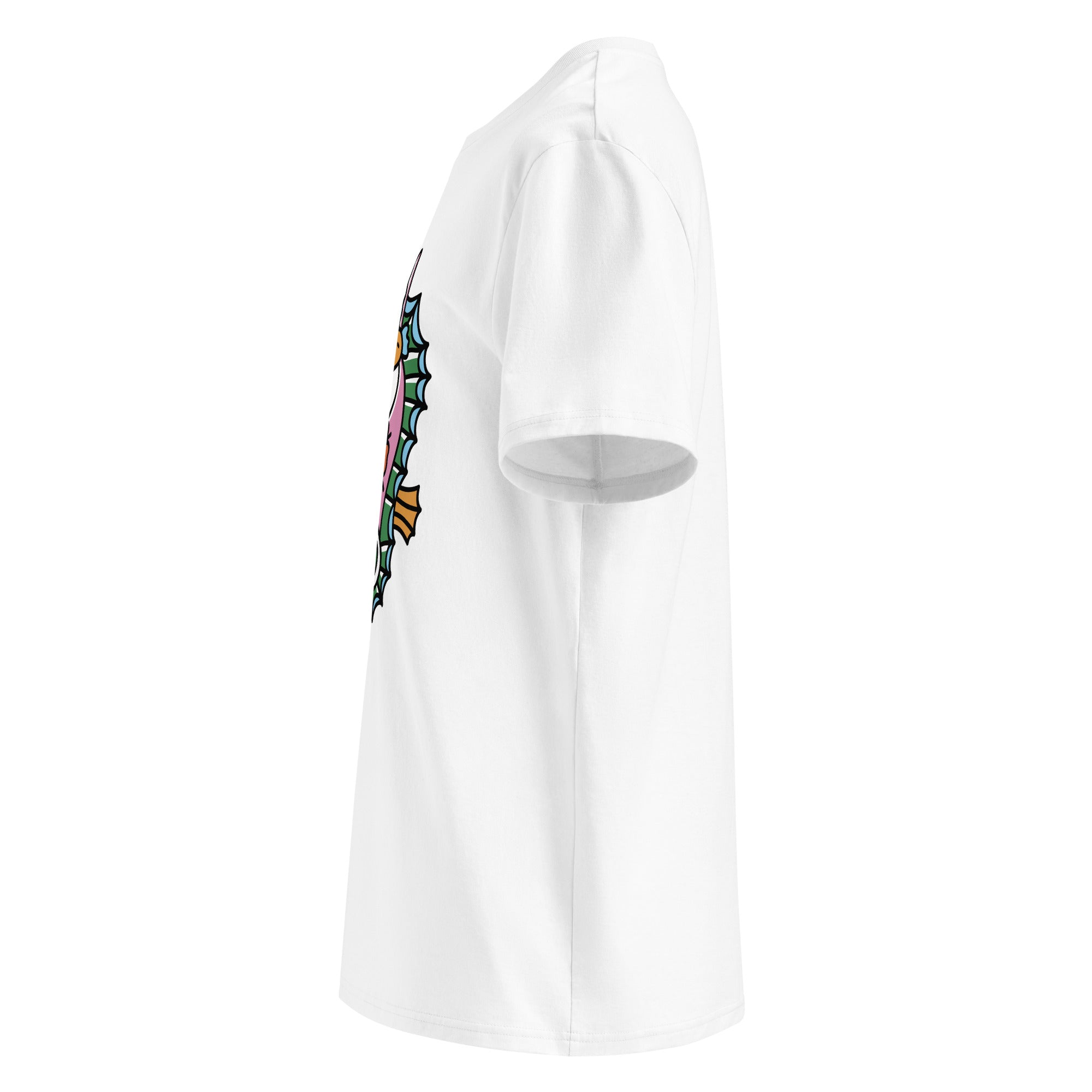 the white organic t-shirt featuring a symmetrical graphic of two colorful seahorses with bunny ears and floral details