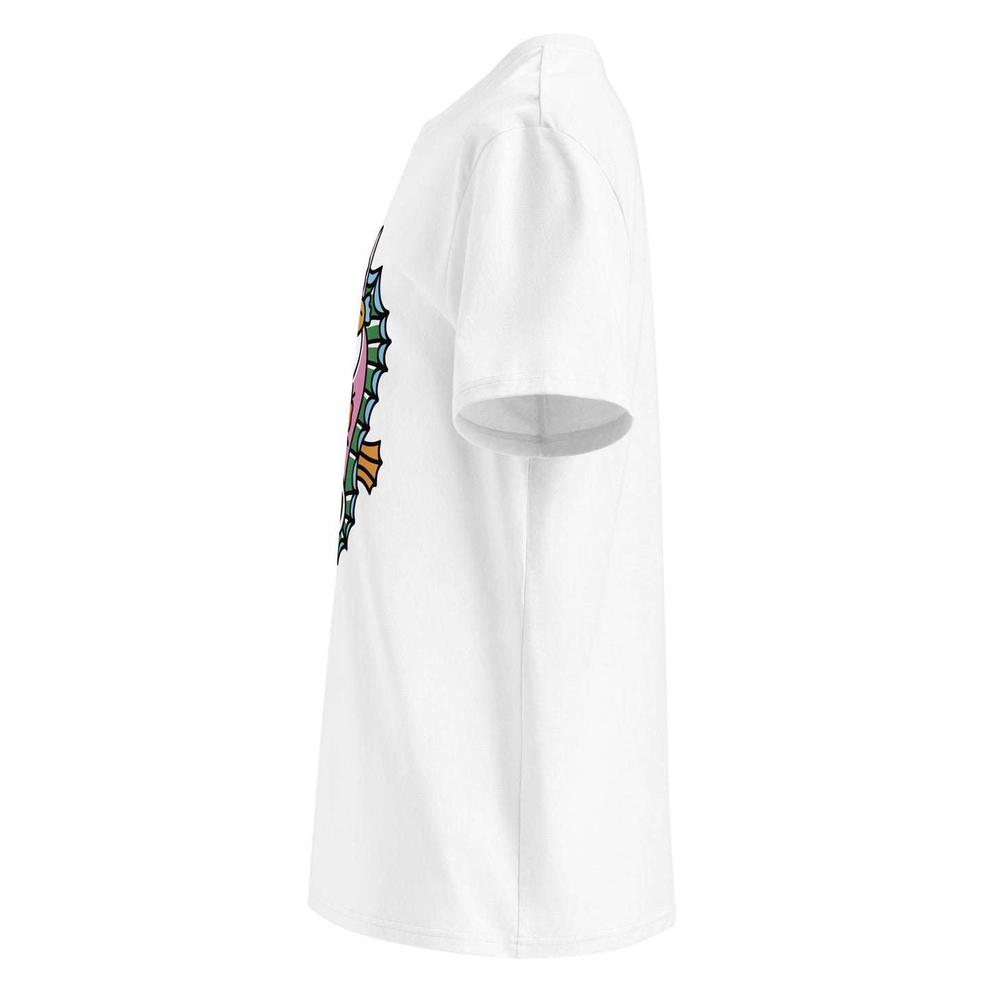 the white organic t-shirt featuring a symmetrical graphic of two colorful seahorses with bunny ears and floral details
