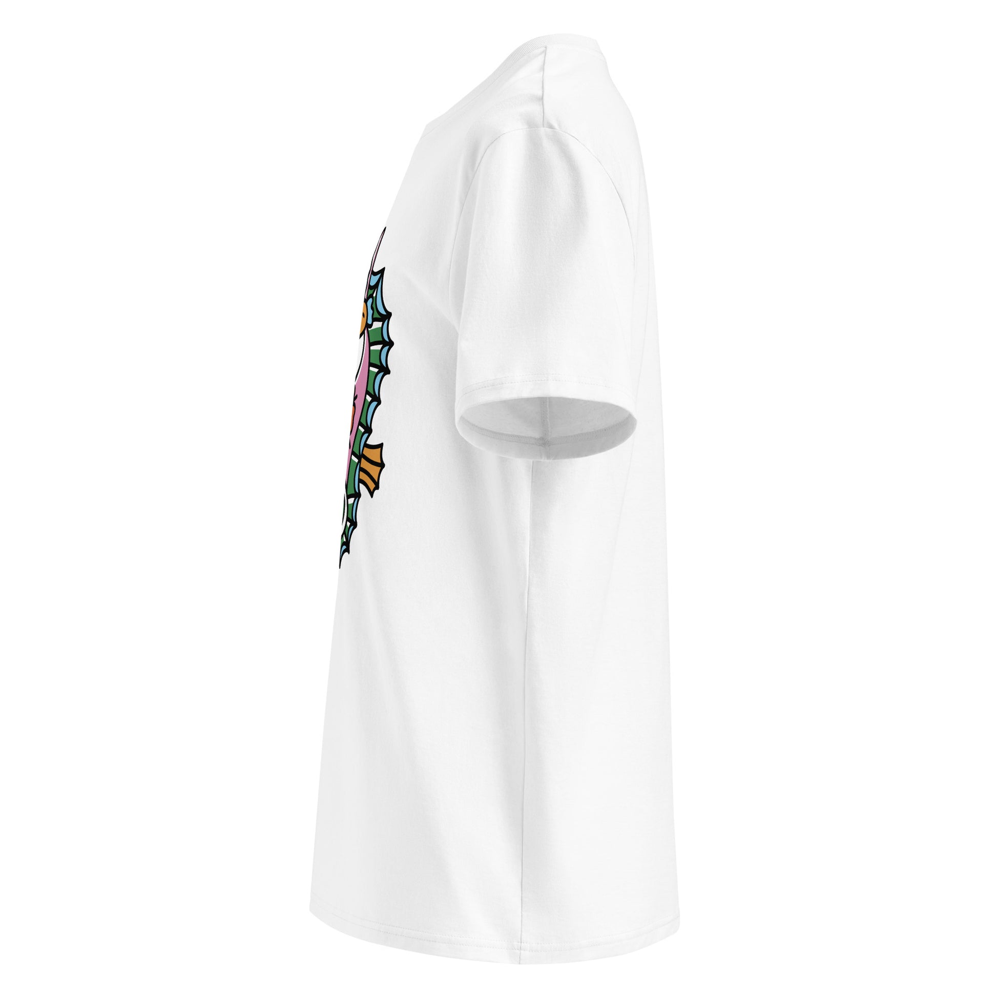the white organic t-shirt featuring a symmetrical graphic of two colorful seahorses with bunny ears and floral details