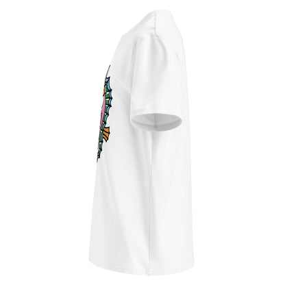 the white organic t-shirt featuring a symmetrical graphic of two colorful seahorses with bunny ears and floral details