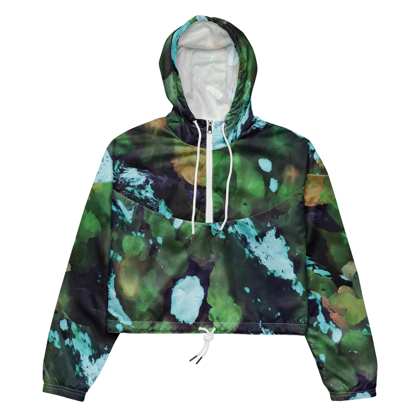 A close-up of The Abstract Crop Shell's fabric, highlighting the texture and the fluid, painterly abstract expressionism print.